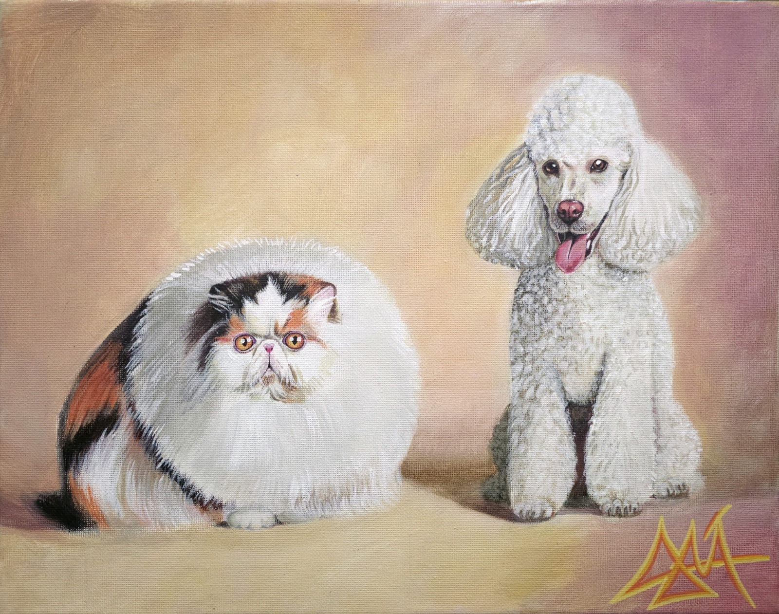A hand-painted portrait of a cat and poodle by DANA-dm-MAZE